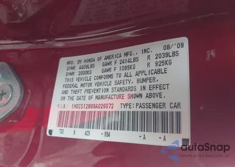 2009 Honda Accord 2.4 Ex-L z USA, uszkodzony, nr VIN 1HGCS12899A026072